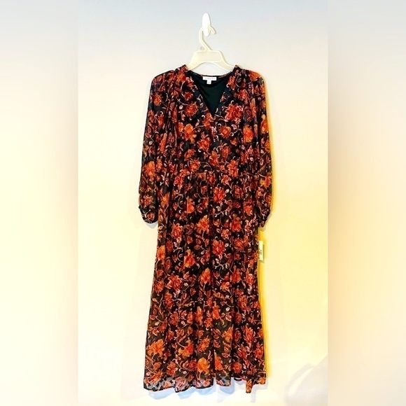 Ophelia Roe Dresses & Skirts - NWT size S black lined with a sheer floral overlay color red, orange black pink